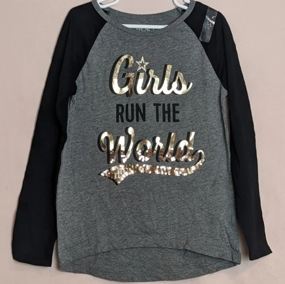 The Children's Place Girls Run the World Long Sleeve Tee in Gray and Gold